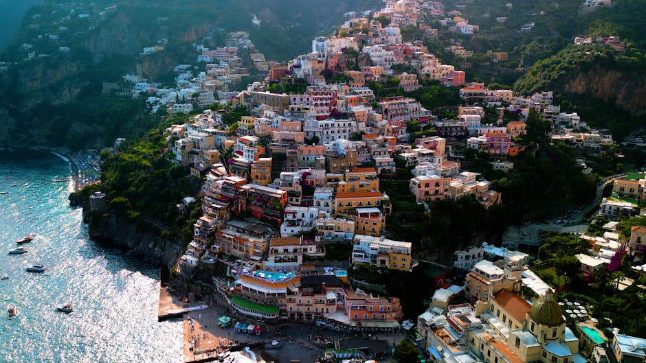 Stunning aerial view of Positano with its colorful hillside buildings along the Amalfi Coast in Italy.